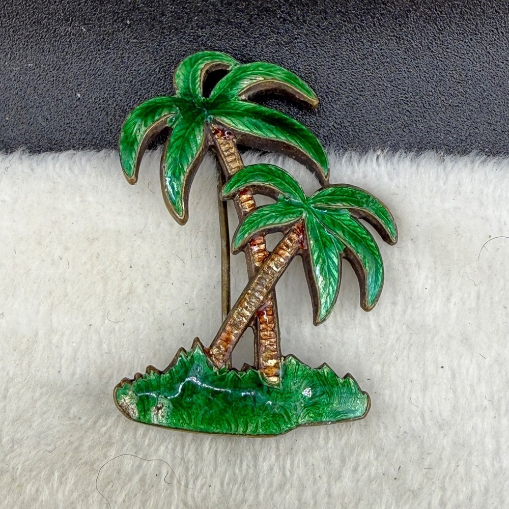 Vintage Palm Tree Brooch Beach Vacation Enamel Gold Tone READ